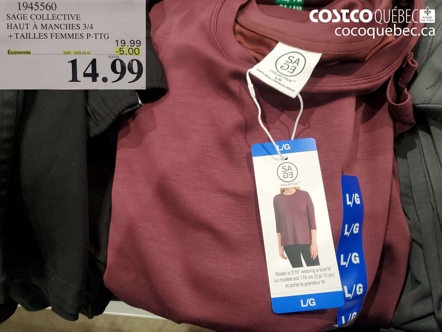 1945560 SAGE COLLECTIVE HAUT À MANCHES 3/4 + TAILLES FEMMES P-TTG ($5.00 INSTANT SAVINGS EXPIRES ON 2026-02-01) $14.99