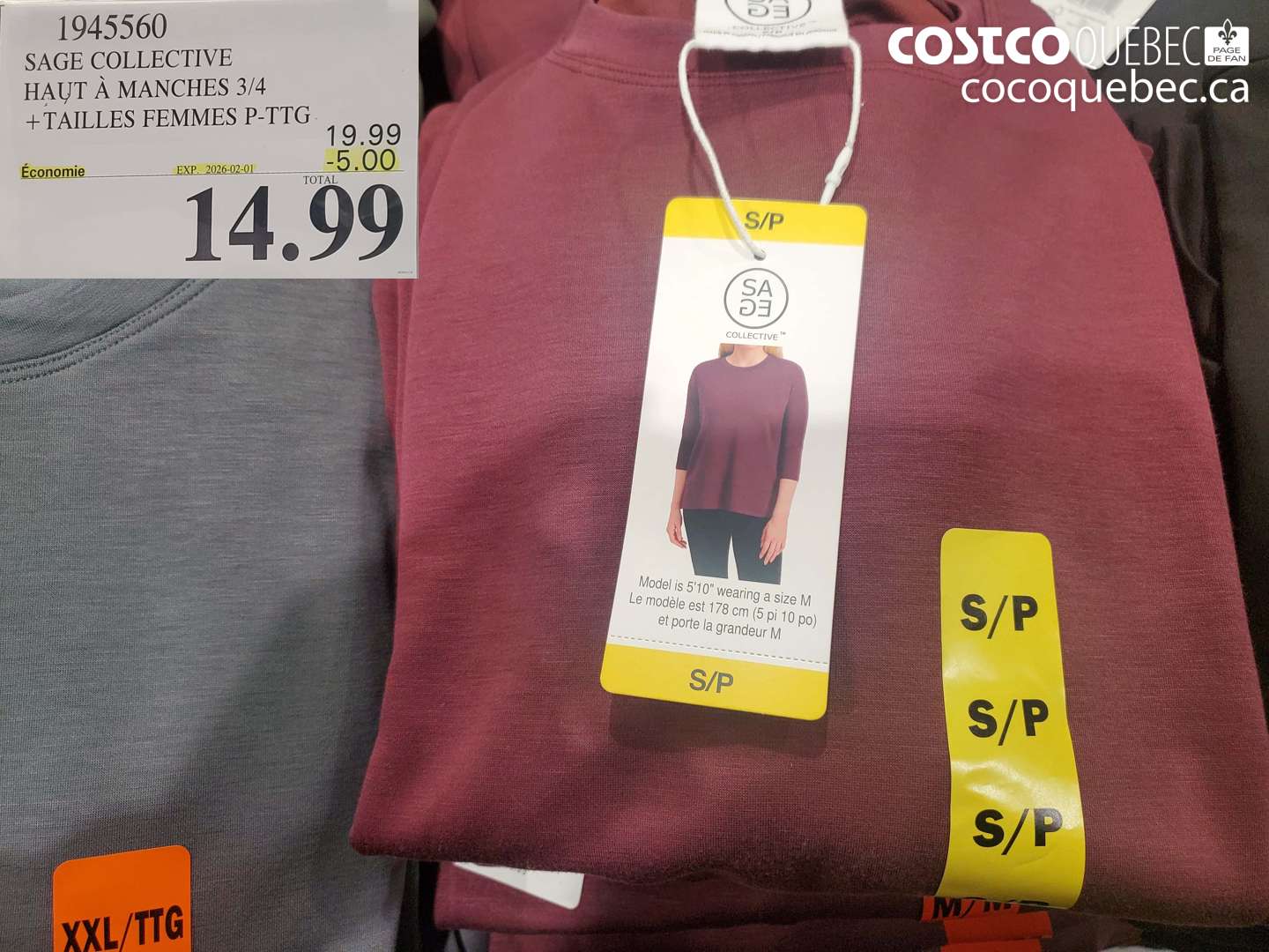 1945560 SAGE COLLECTIVE HAUT À MANCHES 3/4 + TAILLES FEMMES P-TTG ($5.00 INSTANT SAVINGS EXPIRES ON 2026-02-01) $14.99