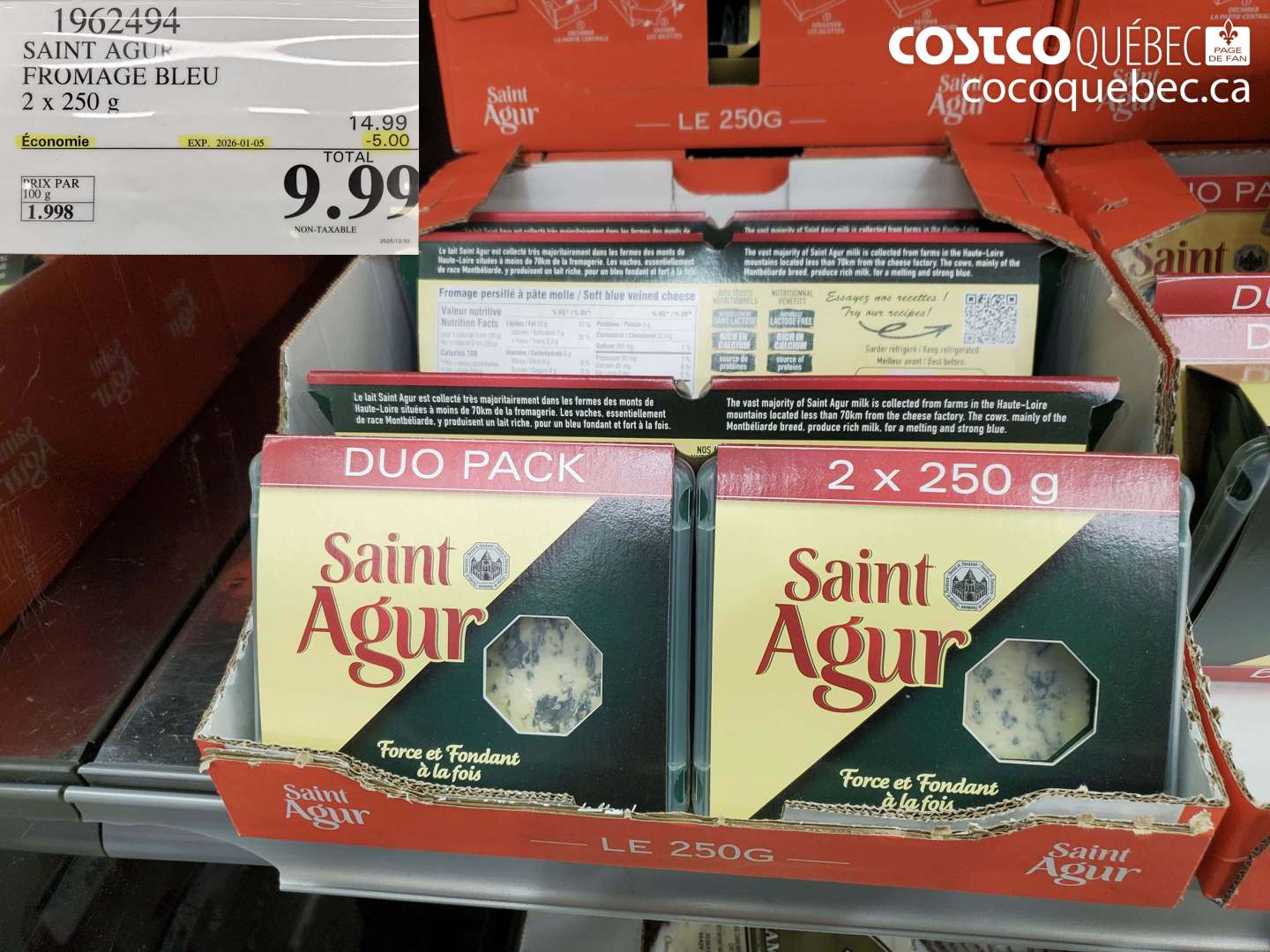1962494 SAINT AGUR FROMAGE BLEU 2 x 250 g ($5.00 INSTANT SAVINGS EXPIRES ON 2026-01-05) $9.99