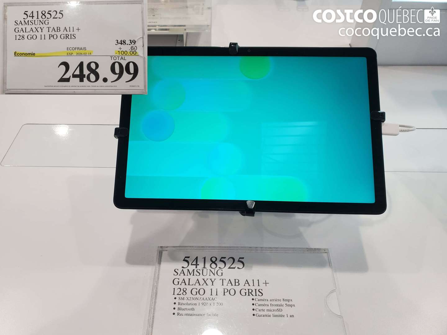 5418525 SAMSUNG GALAXY TAB A11+ 128 GO 11 PO GRIS (EXPIRES ON 2026-02-15) $248.99