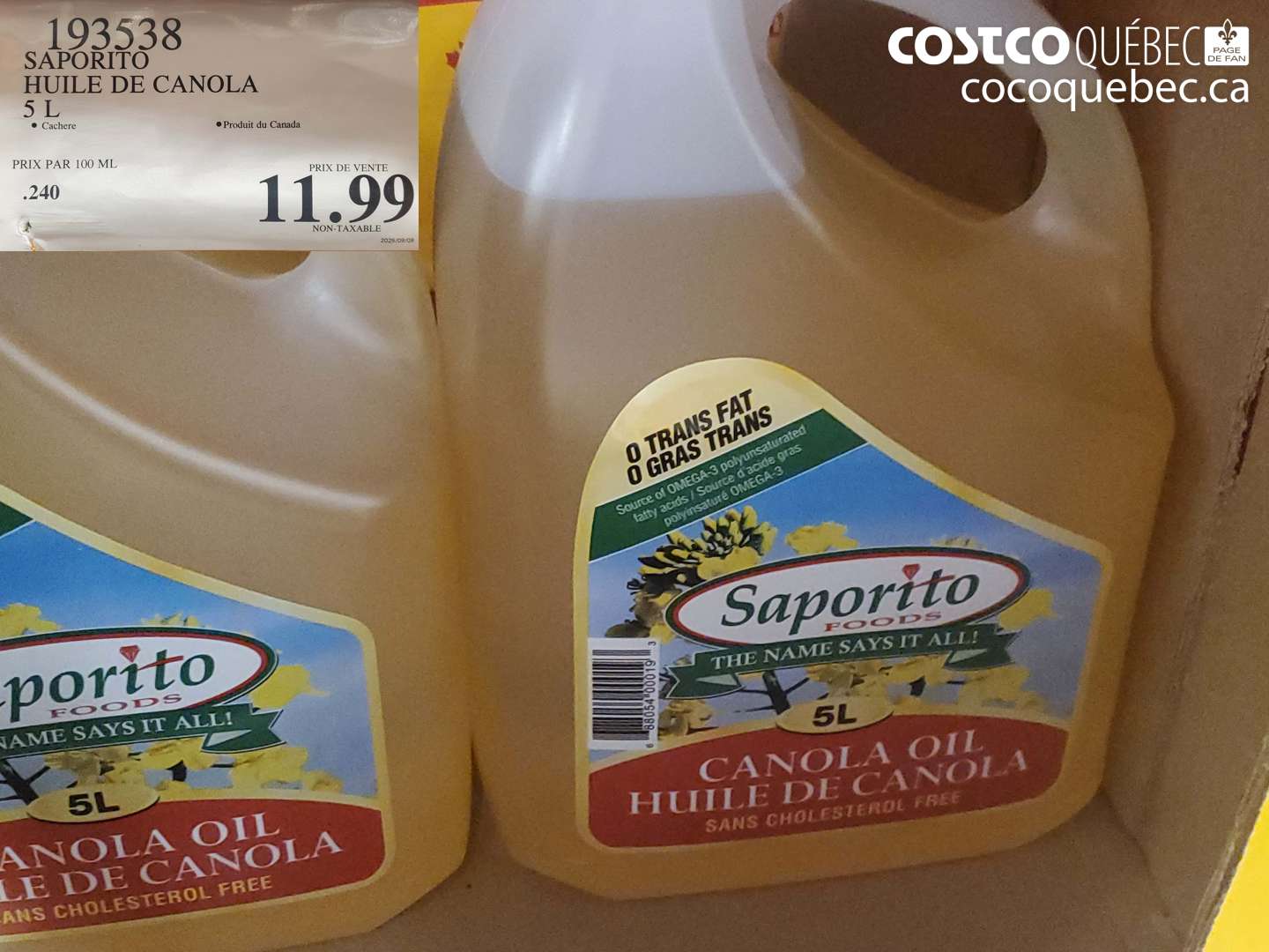 193538 SAPORITO HUILE DE CANOLA 5 L $11.99