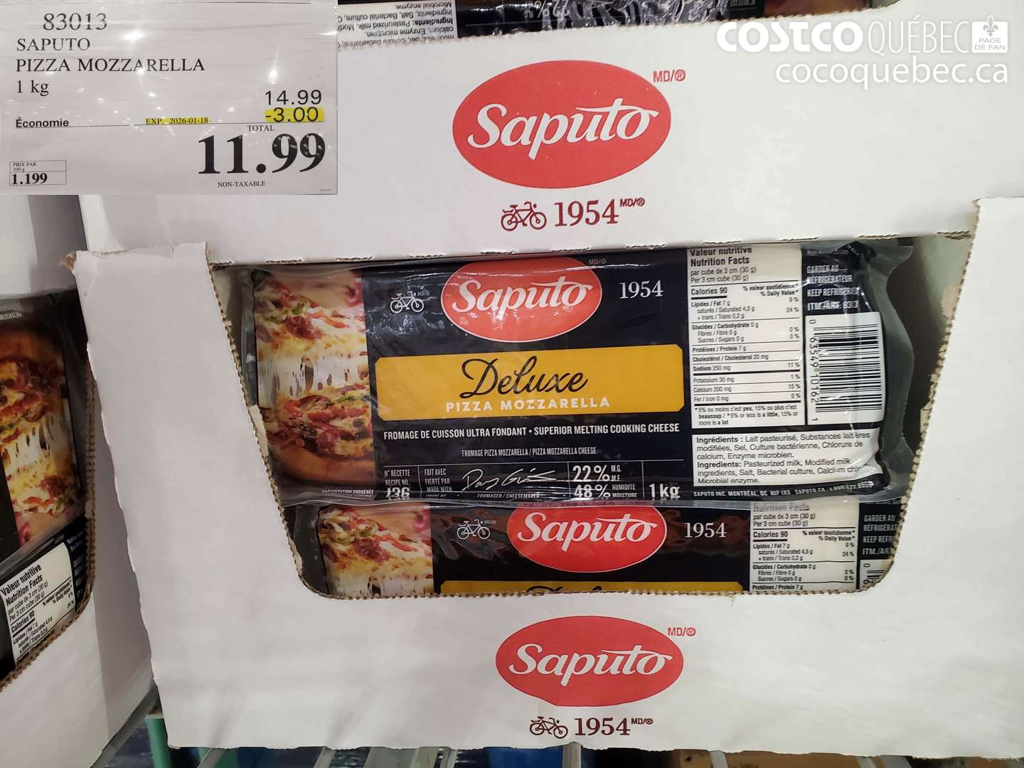 83013 SAPUTO PIZZA MOZZARELLA 1 kg ($3.00 INSTANT SAVINGS EXPIRES ON 2026-01-18) $11.99