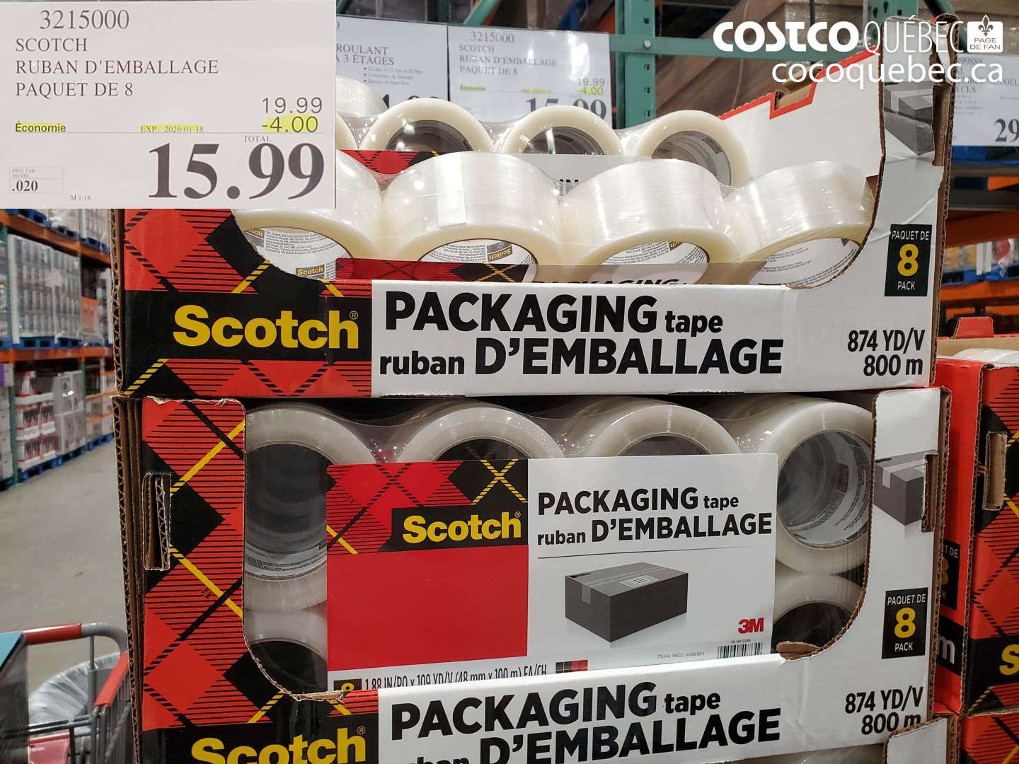 3215000 SCOTCH RUBAN D'EMBALLAGE PAQUET DE 8 ($4.00 INSTANT SAVINGS EXPIRES ON 2026-01-18) $15.99