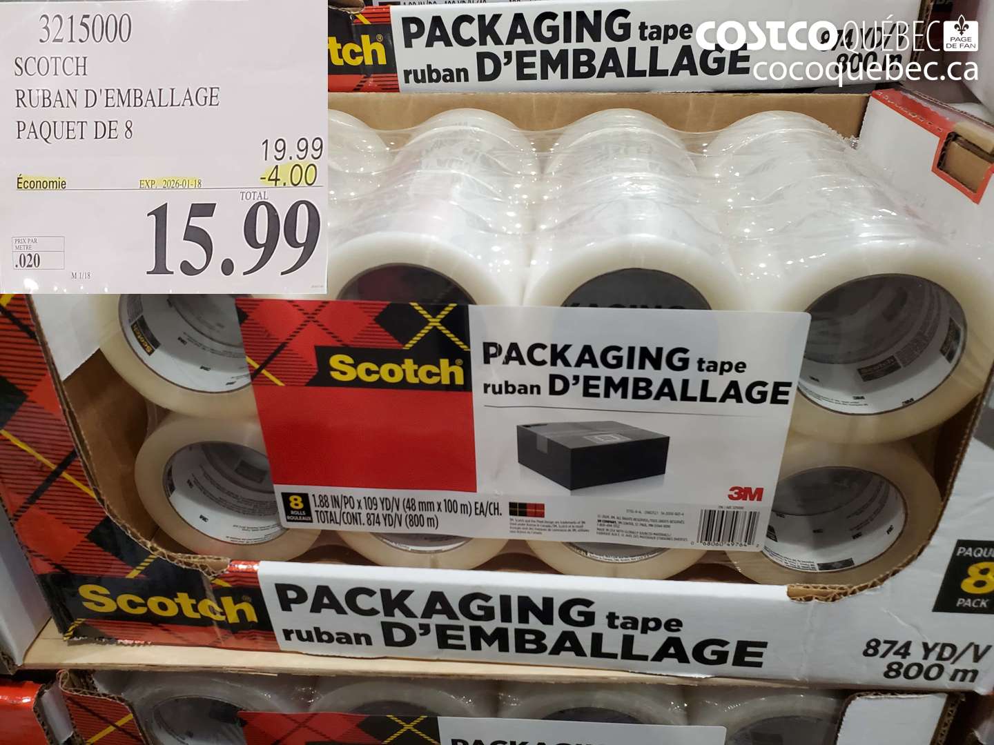 3215000 SCOTCH RUBAN D'EMBALLAGE PAQUET DE 8 ($4.00 INSTANT SAVINGS EXPIRES ON 2026-01-18) $15.99