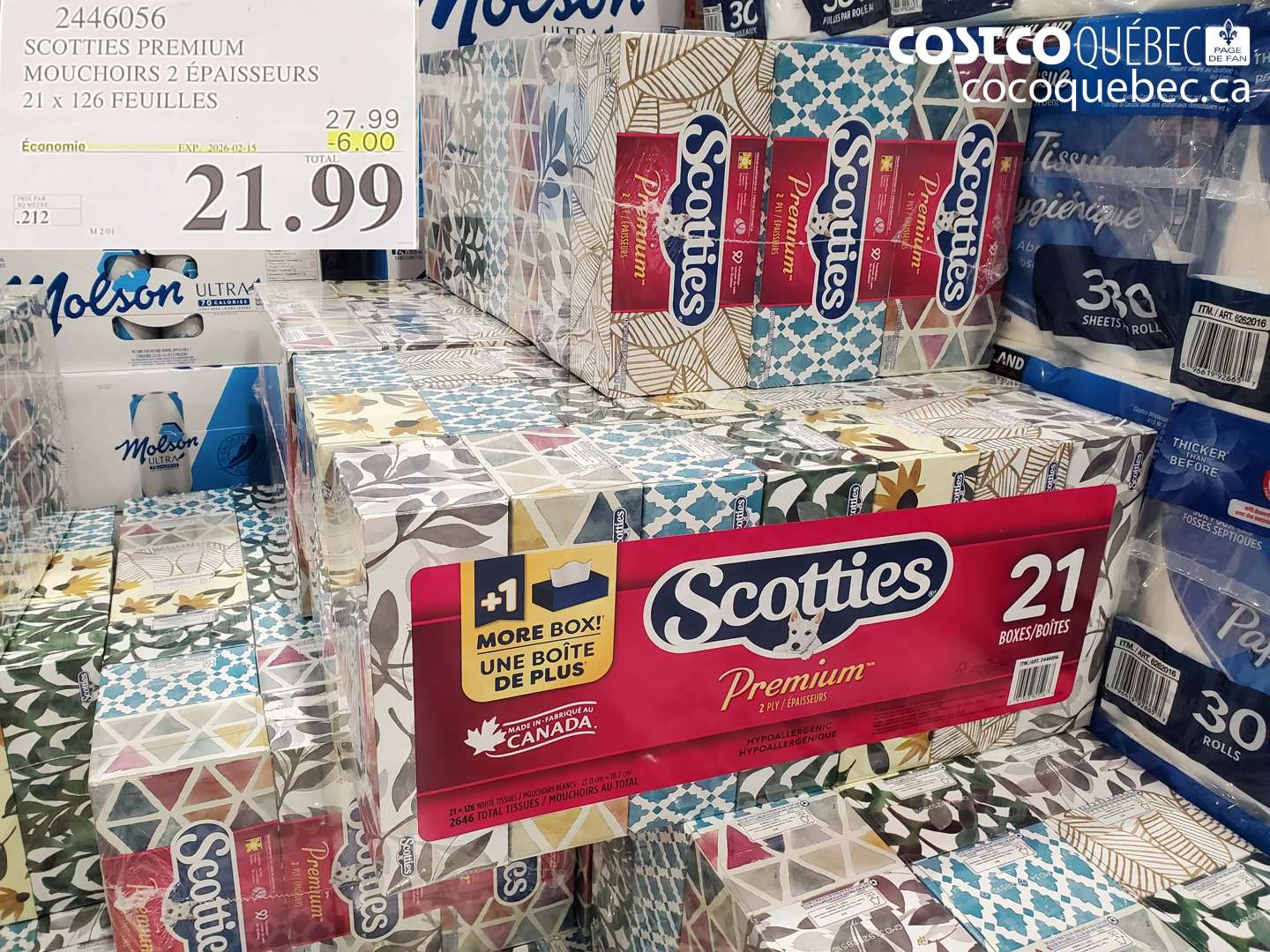 2446056 SCOTTIES PREMIUM MOUCHOIRS 2 ÉPAISSEURS 21 x 126 FEUILLES ($6.00 INSTANT SAVINGS EXPIRES ON 2026-02-15) $21.99