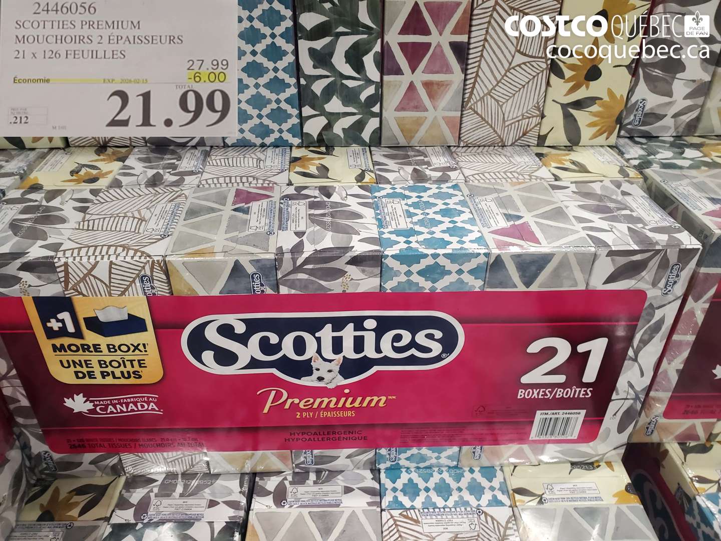 2446056 SCOTTIES PREMIUM MOUCHOIRS 2 ÉPAISSEURS 21 x 126 FEUILLES ($6.00 INSTANT SAVINGS EXPIRES ON 2026-02-15) $21.99