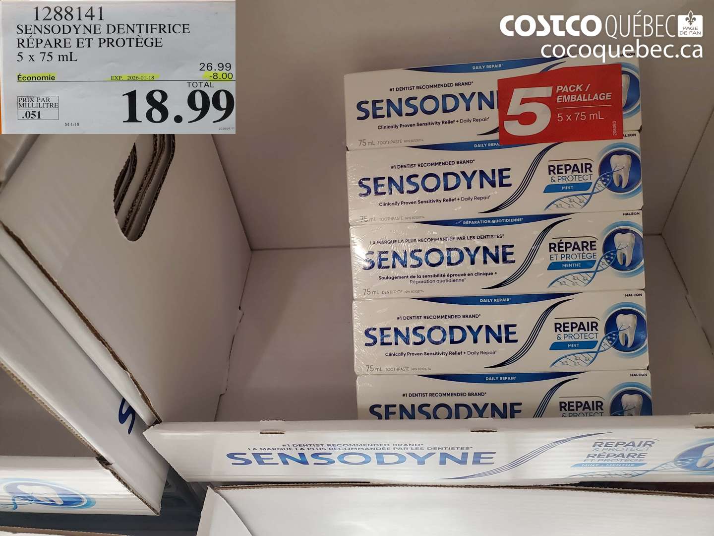 1288141 SENSODYNE DENTIFRICE REPARE ET PROTEGE 5 x 75 mL ($8.00 INSTANT SAVINGS EXPIRES ON 2026-01-18) $18.99