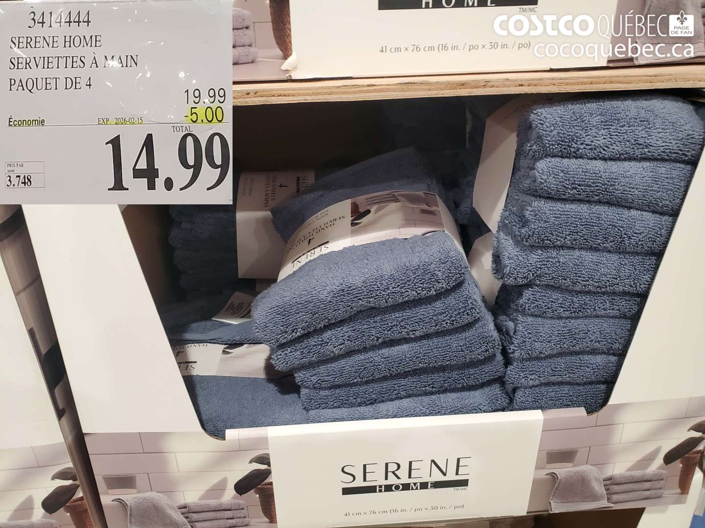 3414444 SERENE HOME SERVIETTES A MAIN PAQUET DE 4  ($5.00 INSTANT SAVINGS EXPIRES ON 2026-02-15) $14.99