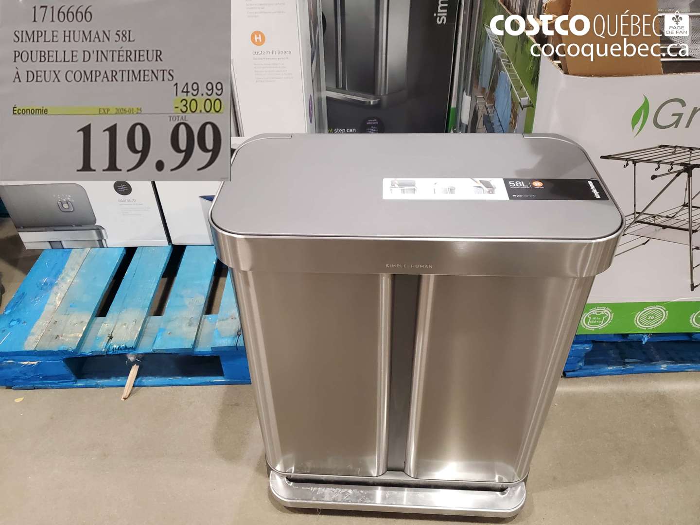 1716666 SIMPLE HUMAN 58L POUBELLE D'INTÉRIEUR À DEUX COMPARTIMENTS ($30.00 INSTANT SAVINGS EXPIRES ON 2026-01-25) $119.99