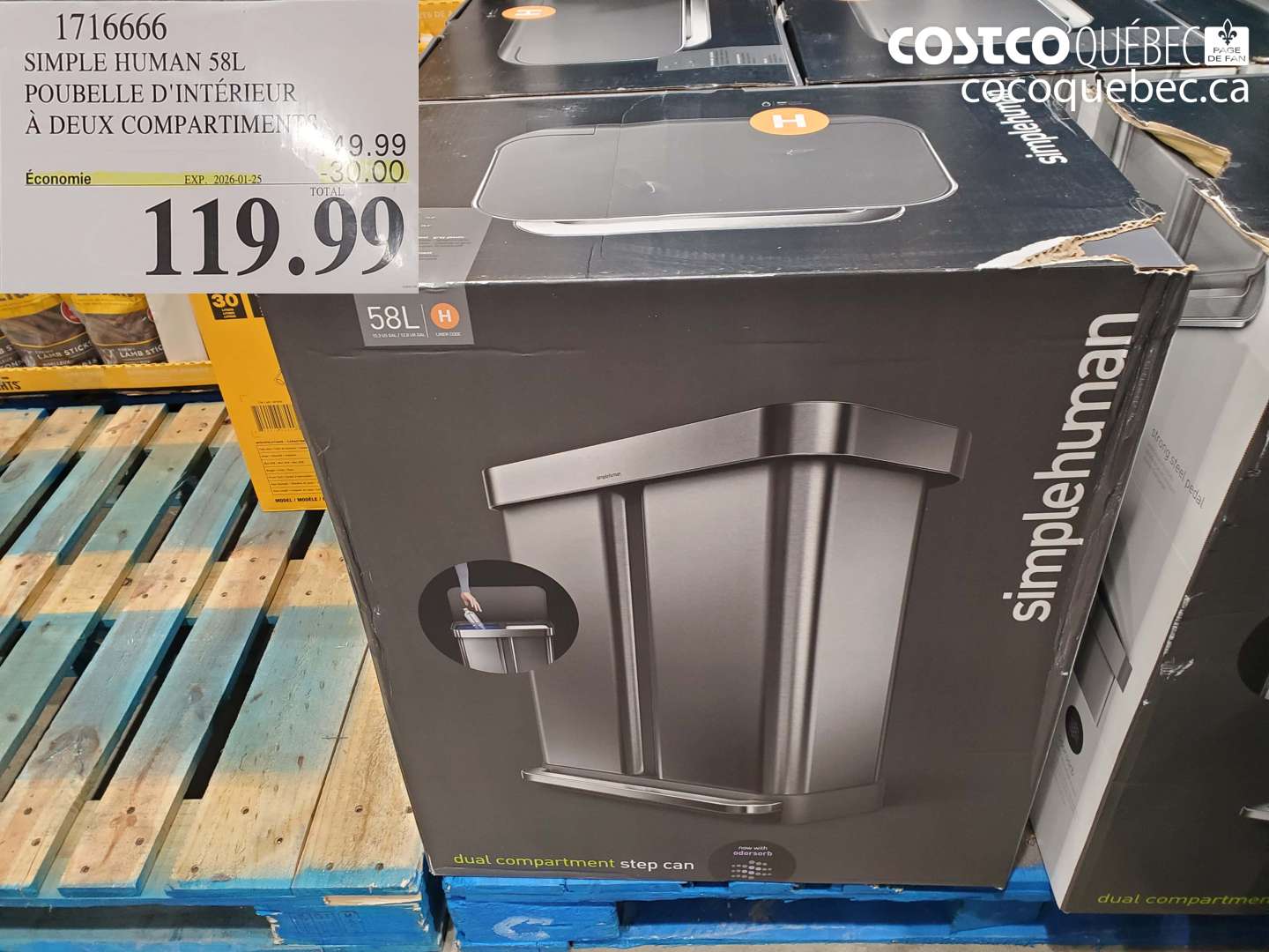 1716666 SIMPLE HUMAN 58L POUBELLE D'INTÉRIEUR À DEUX COMPARTIMENTS ($30.00 INSTANT SAVINGS EXPIRES ON 2026-01-25) $119.99