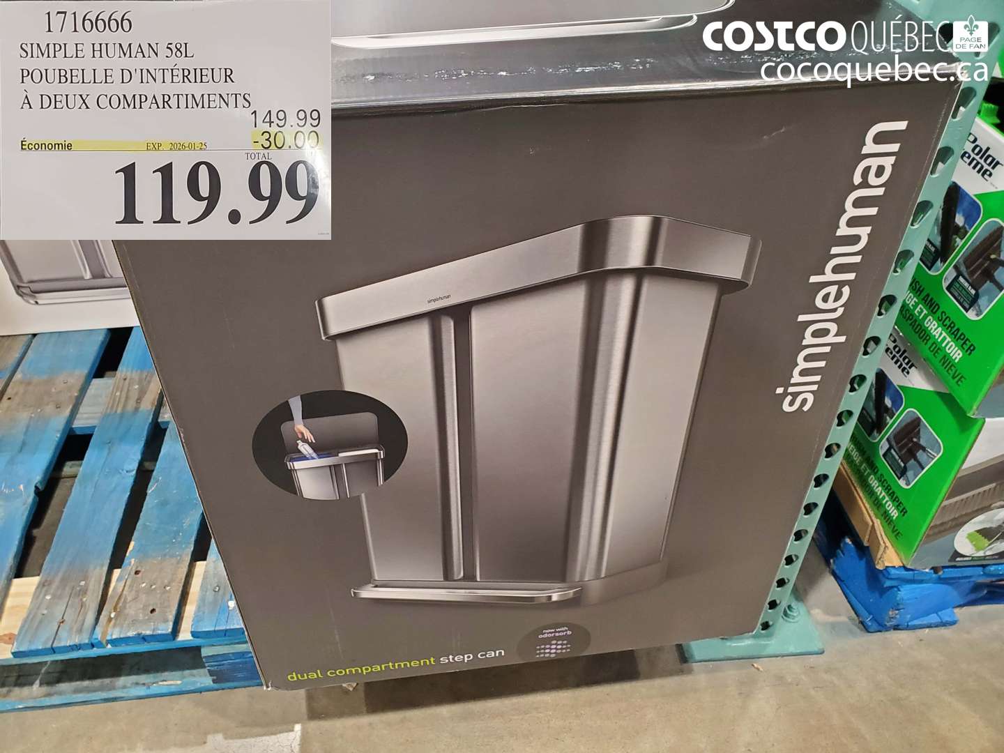 1716666 SIMPLE HUMAN 58L POUBELLE D'INTÉRIEUR À DEUX COMPARTIMENTS ($30.00 INSTANT SAVINGS EXPIRES ON 2026-01-25) $119.99