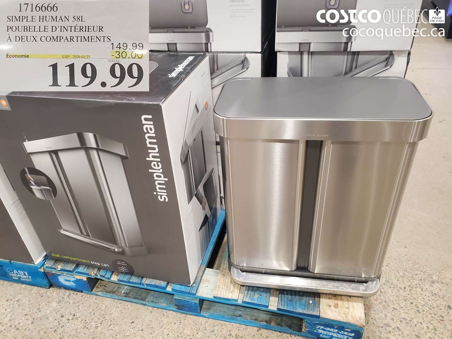 1716666 SIMPLE HUMAN 58L POUBELLE D'INTÉRIEUR À DEUX COMPARTIMENTS ($30.00 INSTANT SAVINGS EXPIRES ON 2026-01-25) $119.99