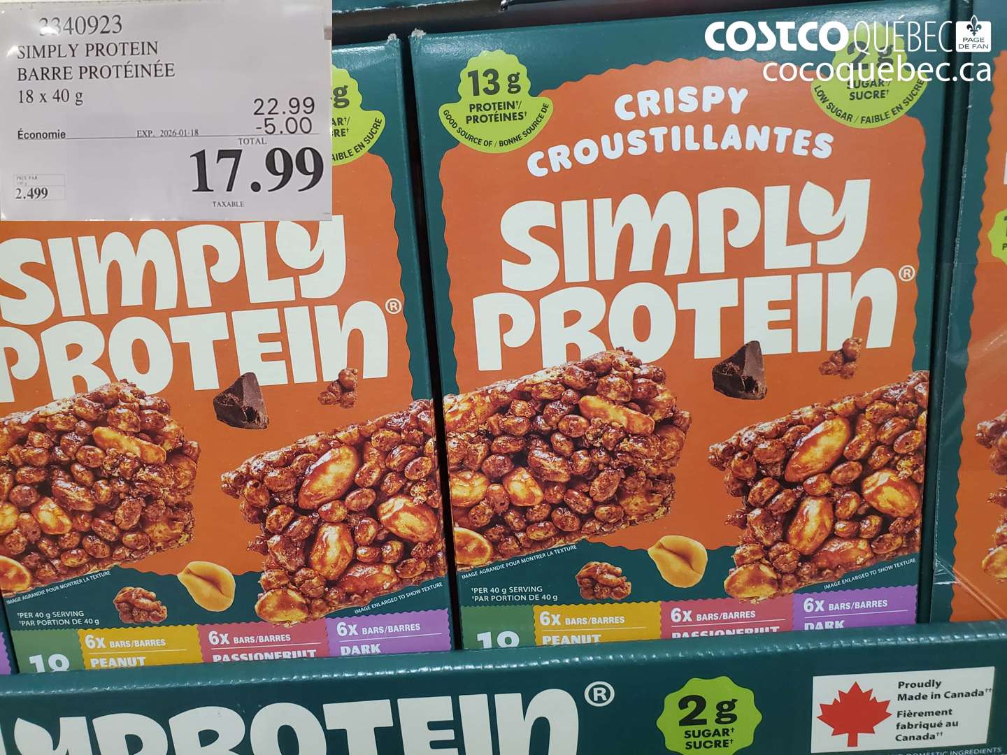 3340923 SIMPLY PROTEIN BARRE PROTEINEE 18 X 40G ($5.00 INSTANT SAVINGS EXPIRES ON 2026-01-18) $17.99