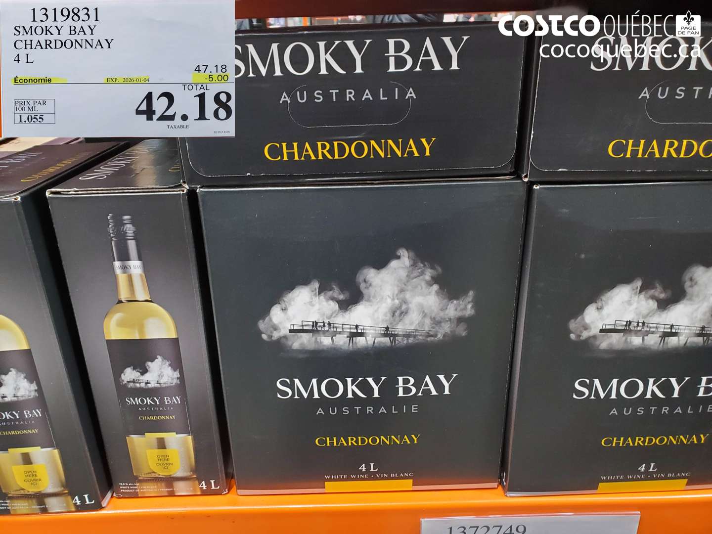 1319831 SMOKY BAY CHARDONNAY 4 L ($5.00 INSTANT SAVINGS EXPIRES ON 2026-01-04) $42.18
