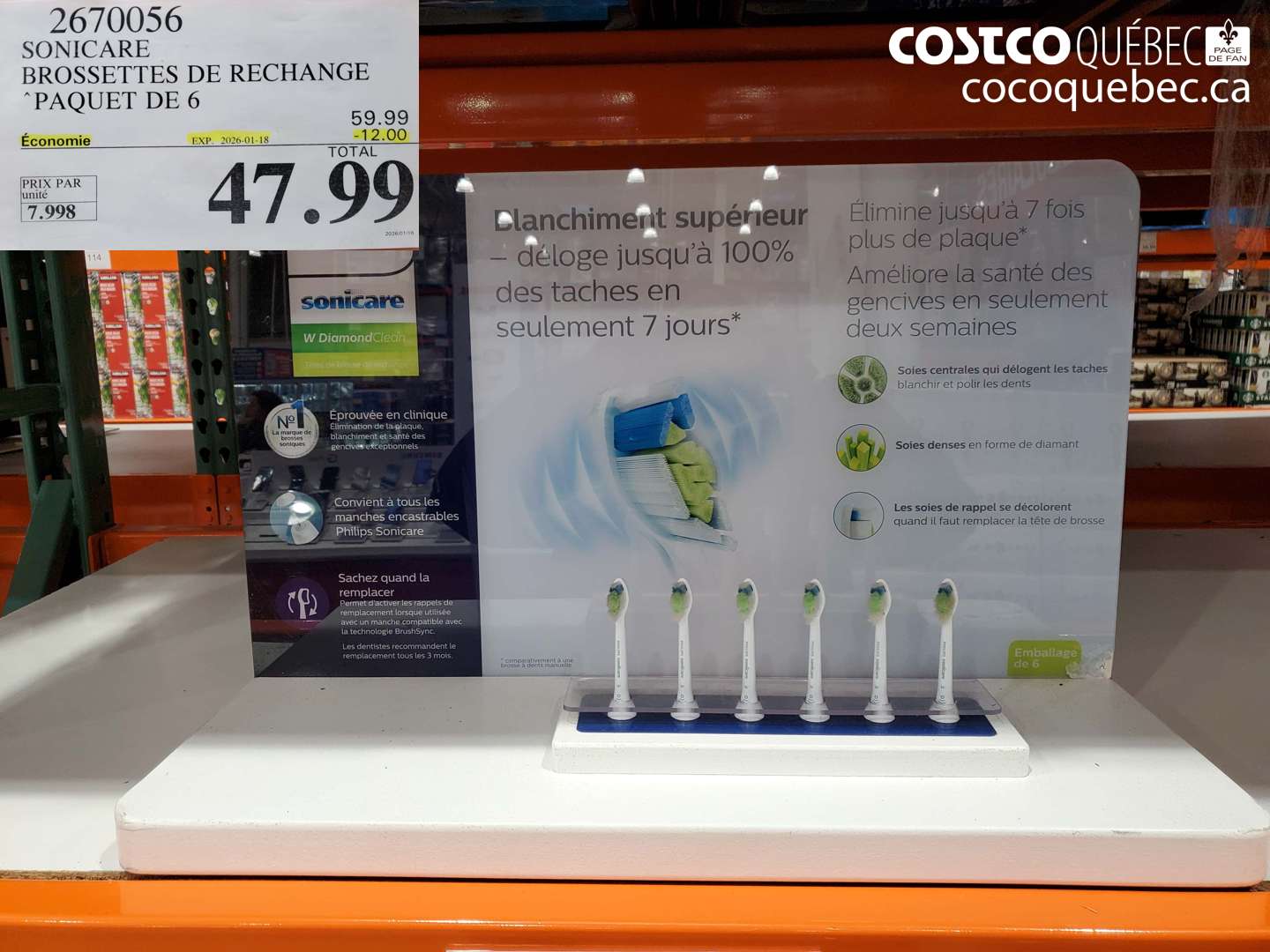 2670056 SONICARE TETES DE RECHANGE PAQUET DE 6  ($12.00 INSTANT SAVINGS EXPIRES ON 2026-01-18) $47.99