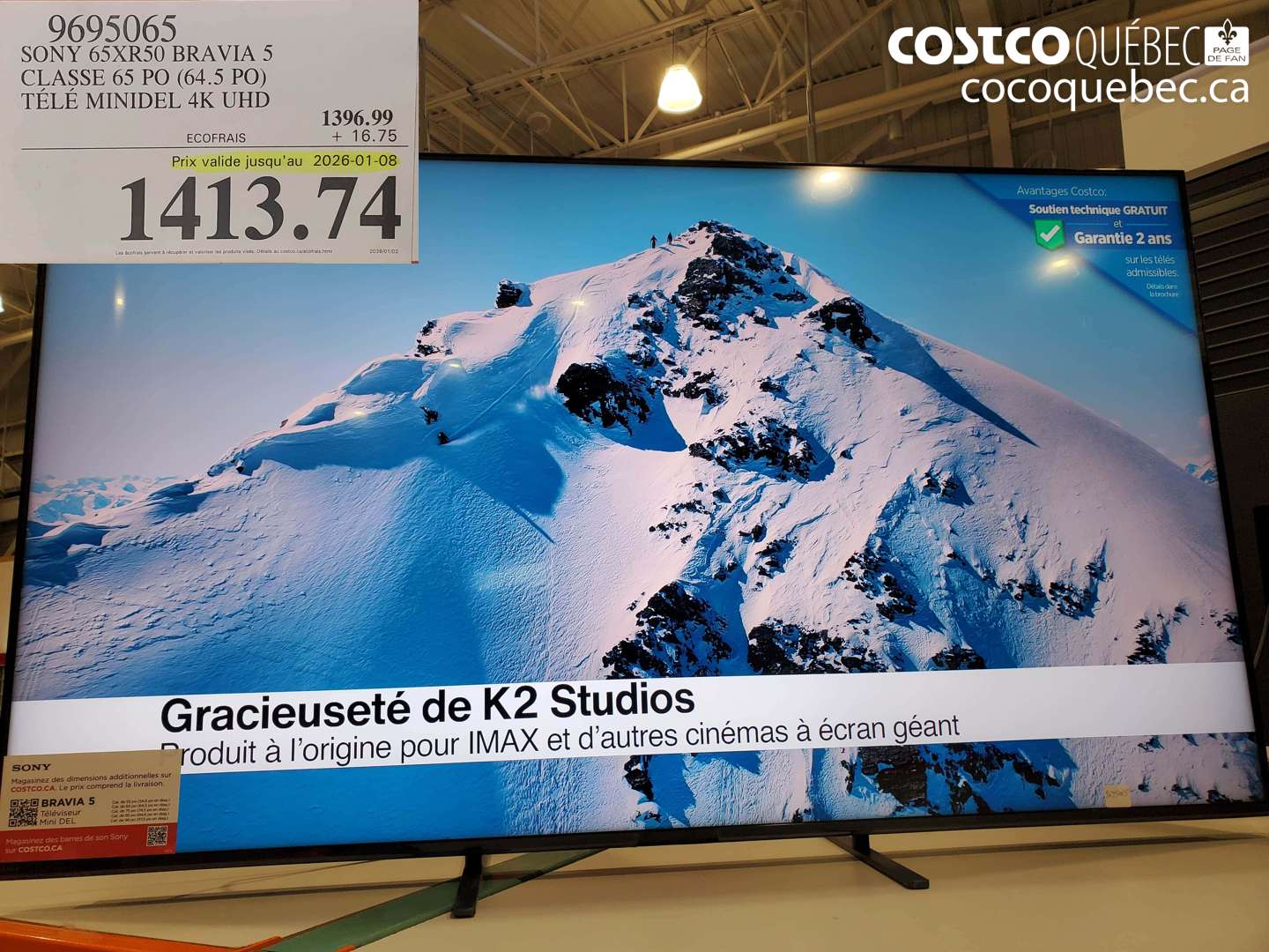 9695065 SONY 65XR50 BRAVIA 5 CLASSE 65 PO (64.5 PO) TÉLÉ MINIDEL 4K UHD (EXPIRES ON 2026-01-08) $1413.74