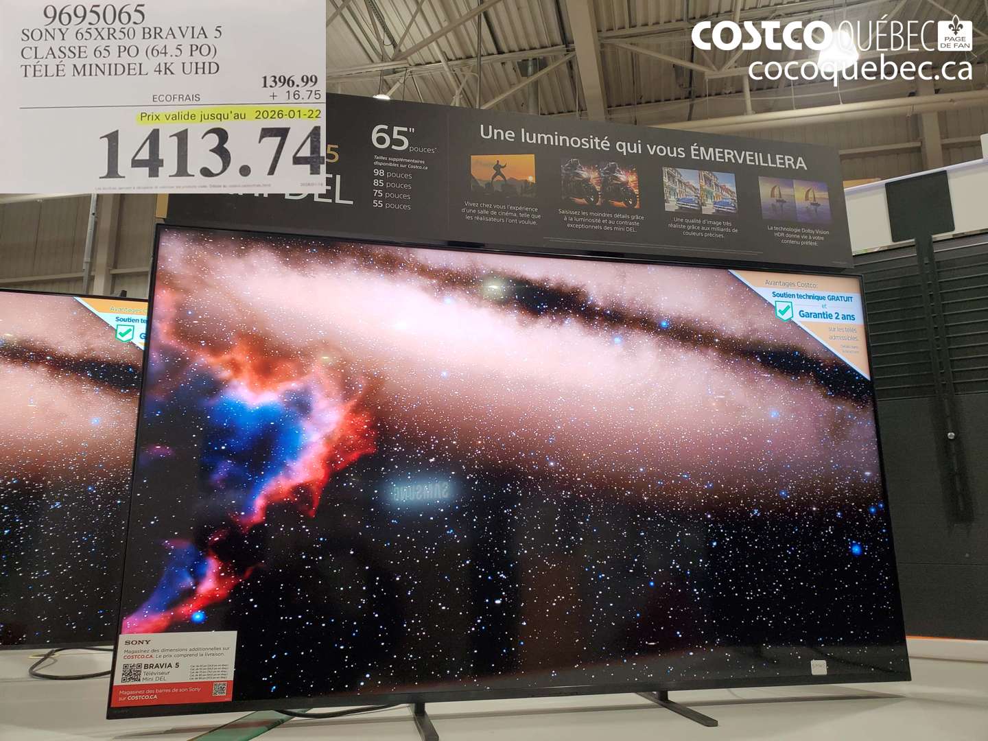 9695065 SONY 65XR50 BRAVIA 5 CLASSE 65 PO (64.5 PO) TÉLÉ MINIDEL 4K UHD (EXPIRES ON 2026-01-22) $1413.74