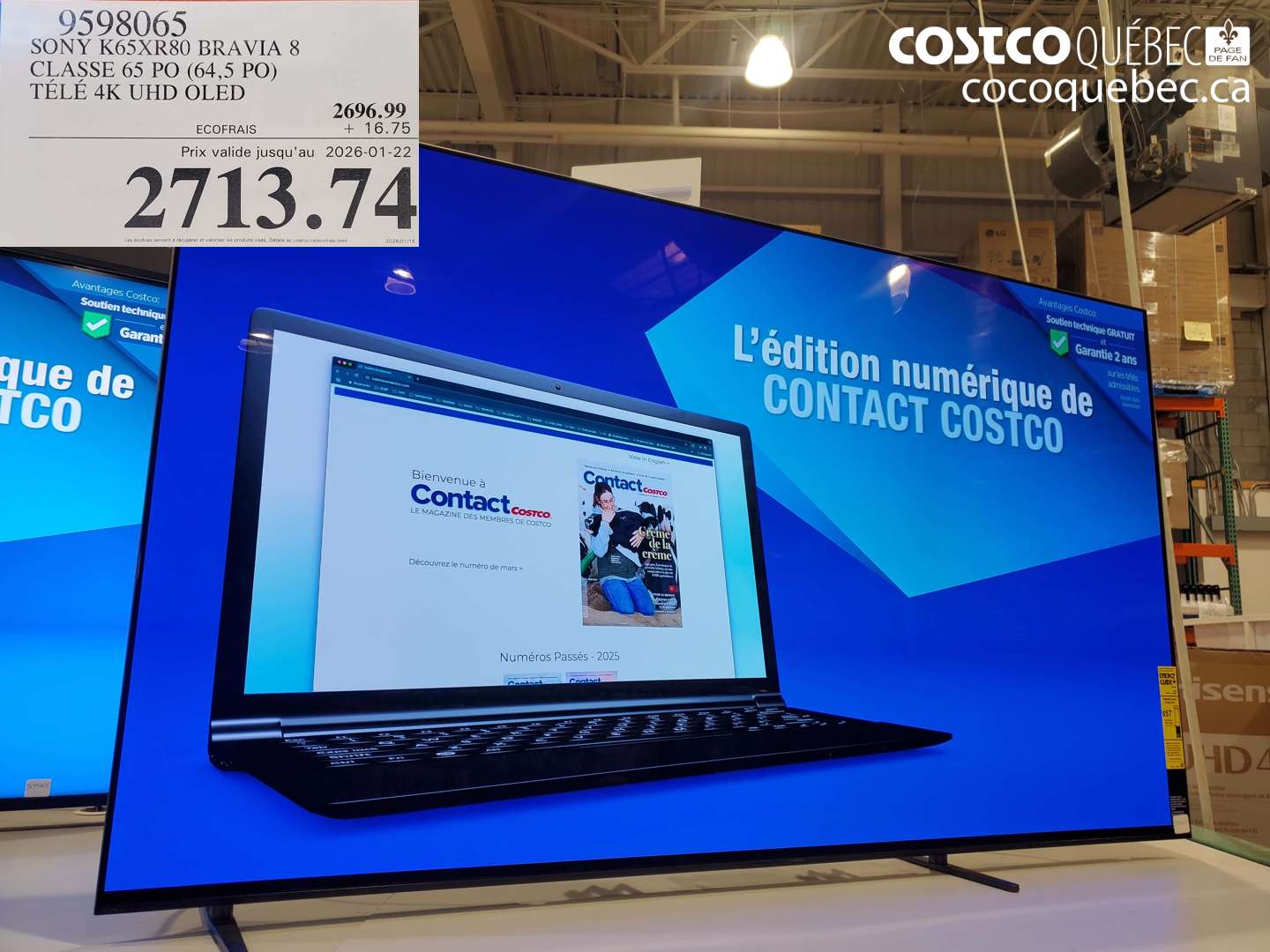 9598065 SONY K65XR80 BRAVIA 8 CLASSE 65 PO (64,5 PO) TÉLÉ 4K UHD OLED (EXPIRES ON 2026-01-22) $2713.74