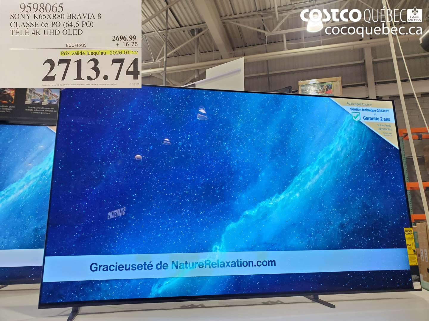 9598065 SONY K65XR80 BRAVIA 8 CLASSE 65 PO (64,5 PO) TÉLÉ 4K UHD OLED (EXPIRES ON 2026-01-22) $2713.74