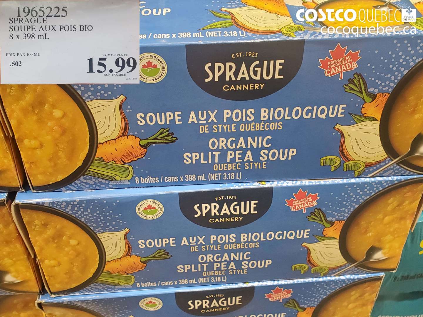 1965225 SOUPE AUX POIS BIO 8 x 398 mL $15.99