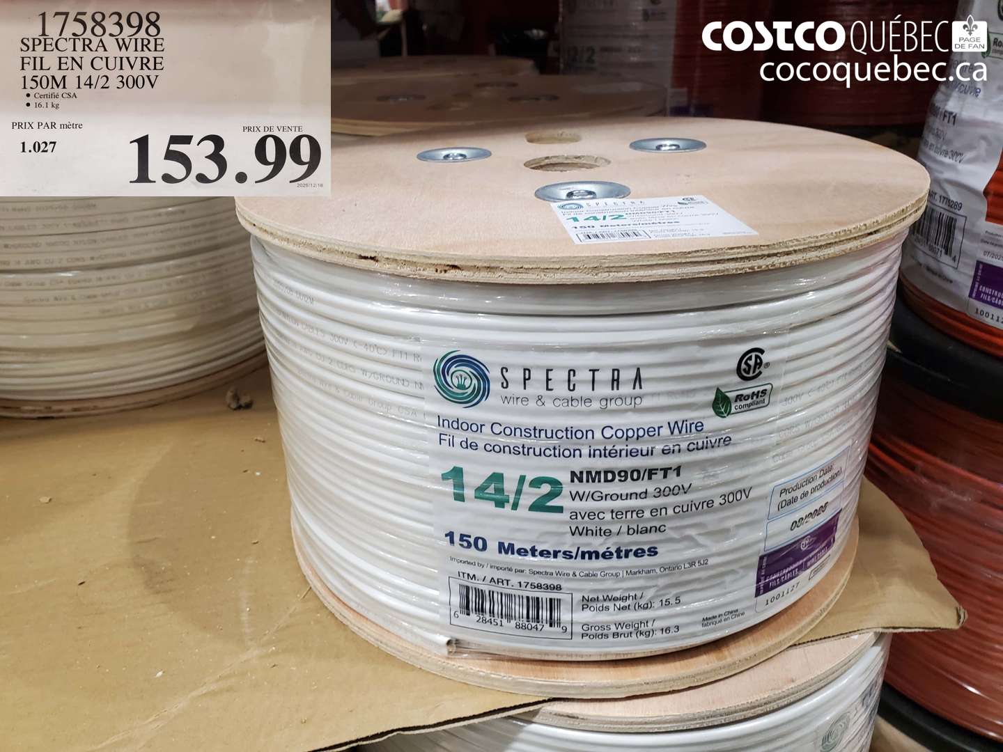 1758398 SPECTRA WIRE FIL EN CUIVRE 150M 14/2 300V $153.99