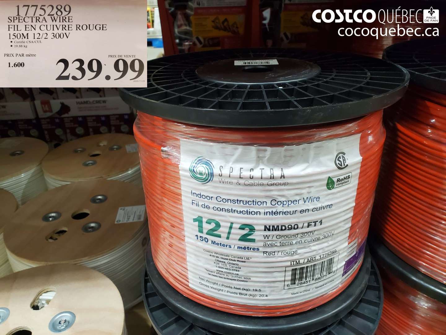 1775289 SPECTRA WIRE FIL EN CUIVRE ROUGE 150M 12/2 300V  $239.99