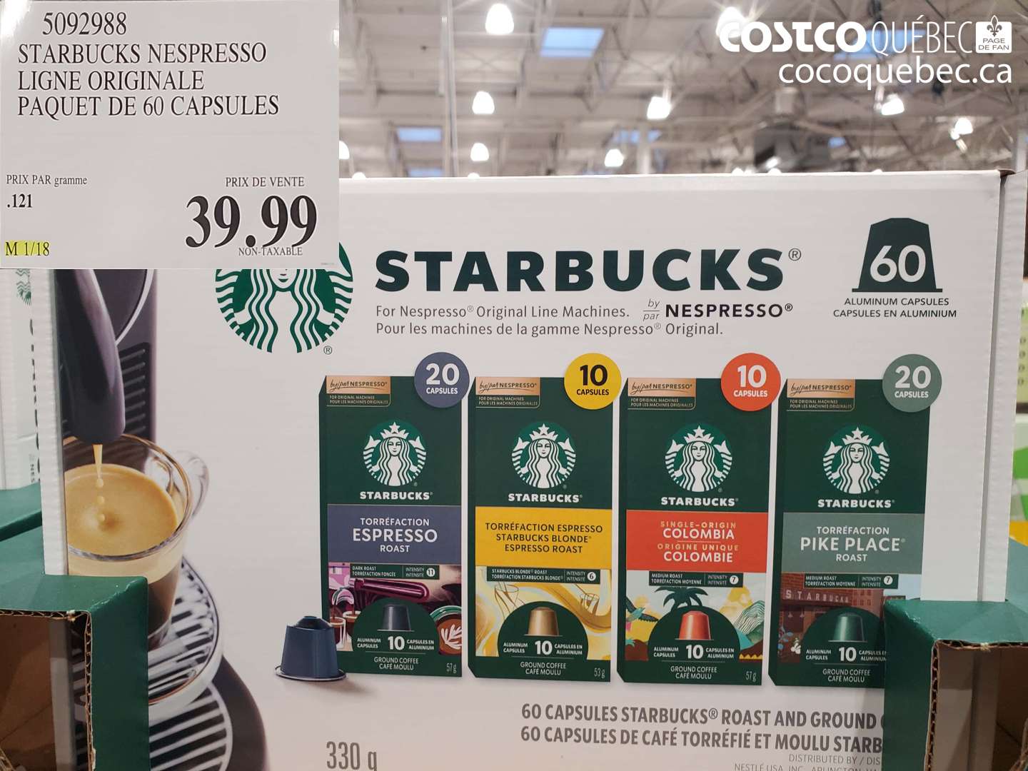 5092988 STARBUCKS NESPRESSO LIGNE ORIGINALE PAQUET DE 60 CAPSULES $39.99