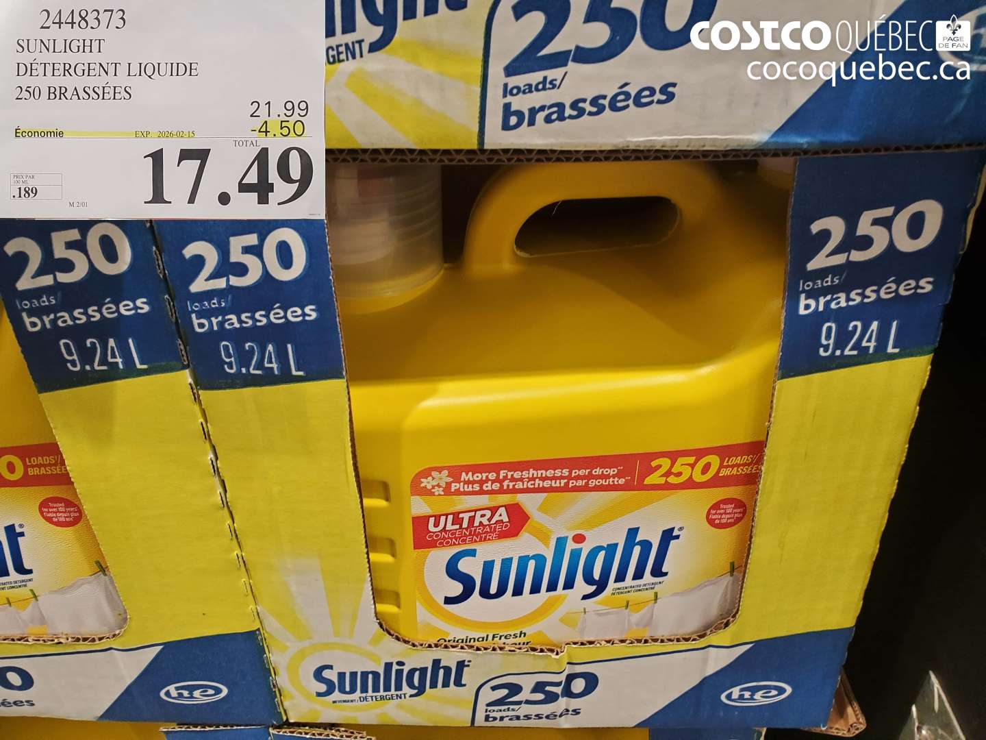 2448373 SUNLIGHT DÉTERGENT LIQUIDE 250 BRASSÉES ($4.50 INSTANT SAVINGS EXPIRES ON 2026-02-15) $17.49