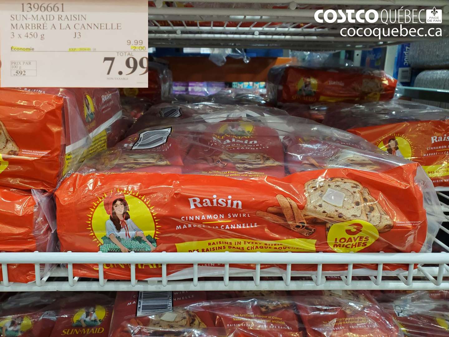 1396661 SUN-MAID RAISIN MARBRE A LA CANNELLE 3 x 450 g ($2.00 INSTANT SAVINGS EXPIRES ON 2026-01-18) $7.99