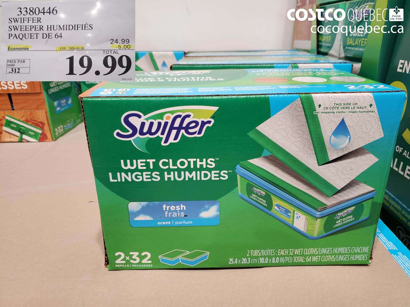 3380446 SWIFFER SWEEPER HUMIDIFIÉS PAQUET DE 64 ($5.00 INSTANT SAVINGS EXPIRES ON 2026-01-18) $19.99