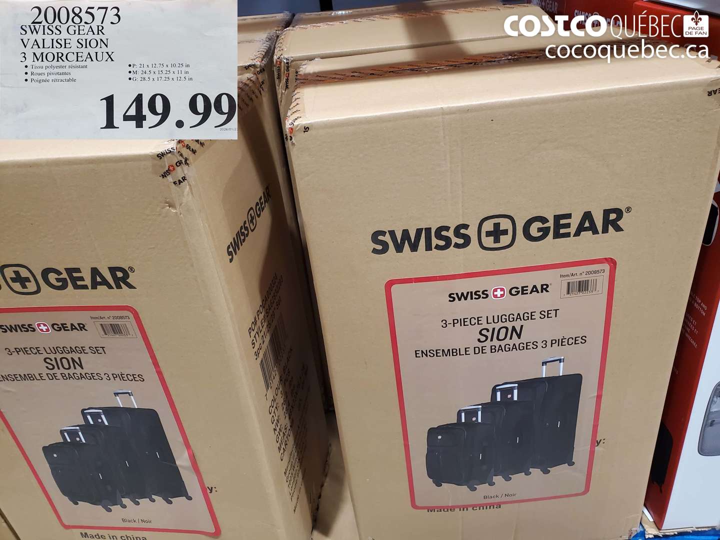 2008573 SWISS GEAR VALISE SION 3 MORCEAUX (EXPIRES ON 2026-01-23) $149.99