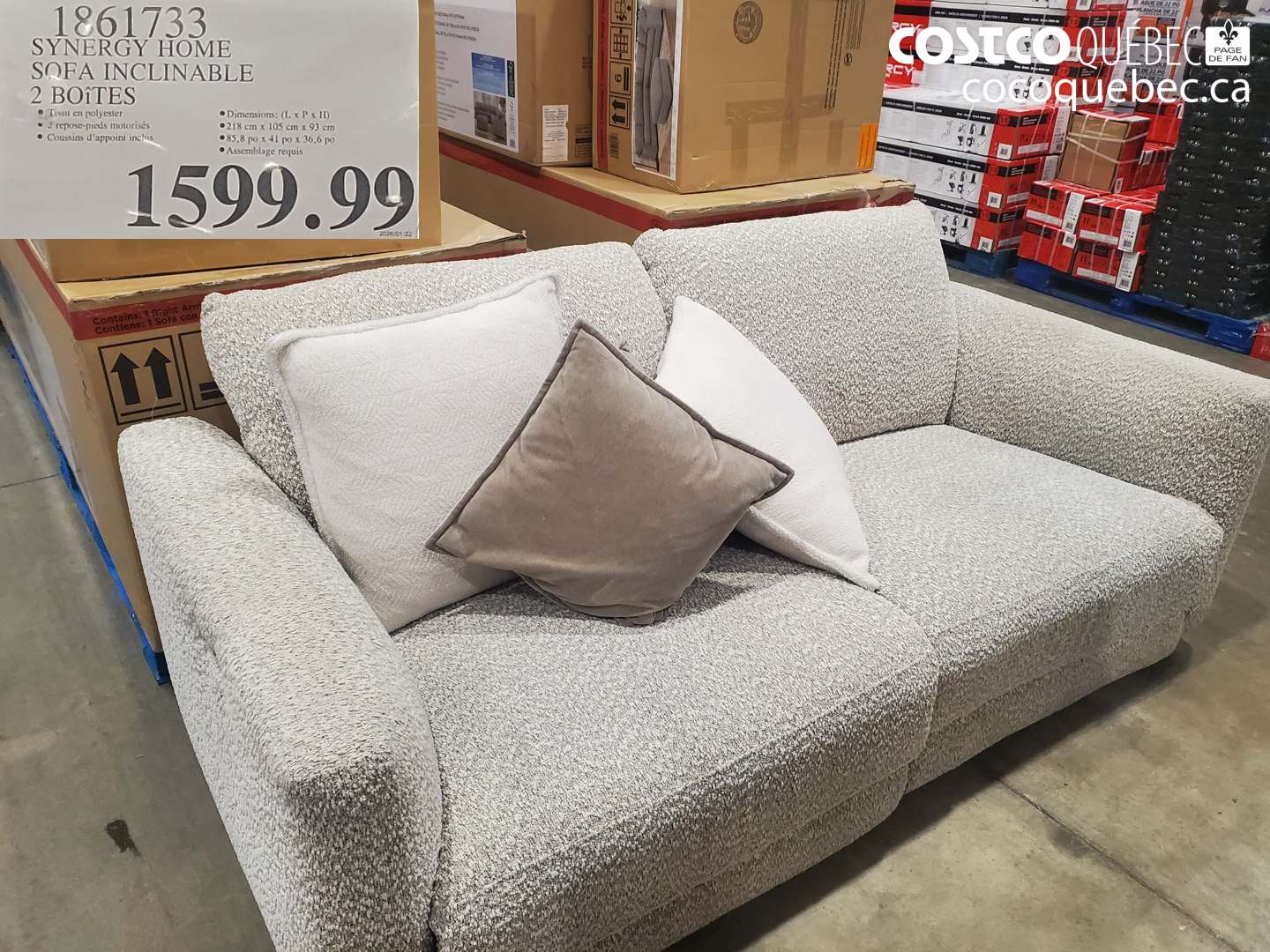 1861733 SYNERGY HOME SOFA INCLINABLE 2 BOITES $1599.99