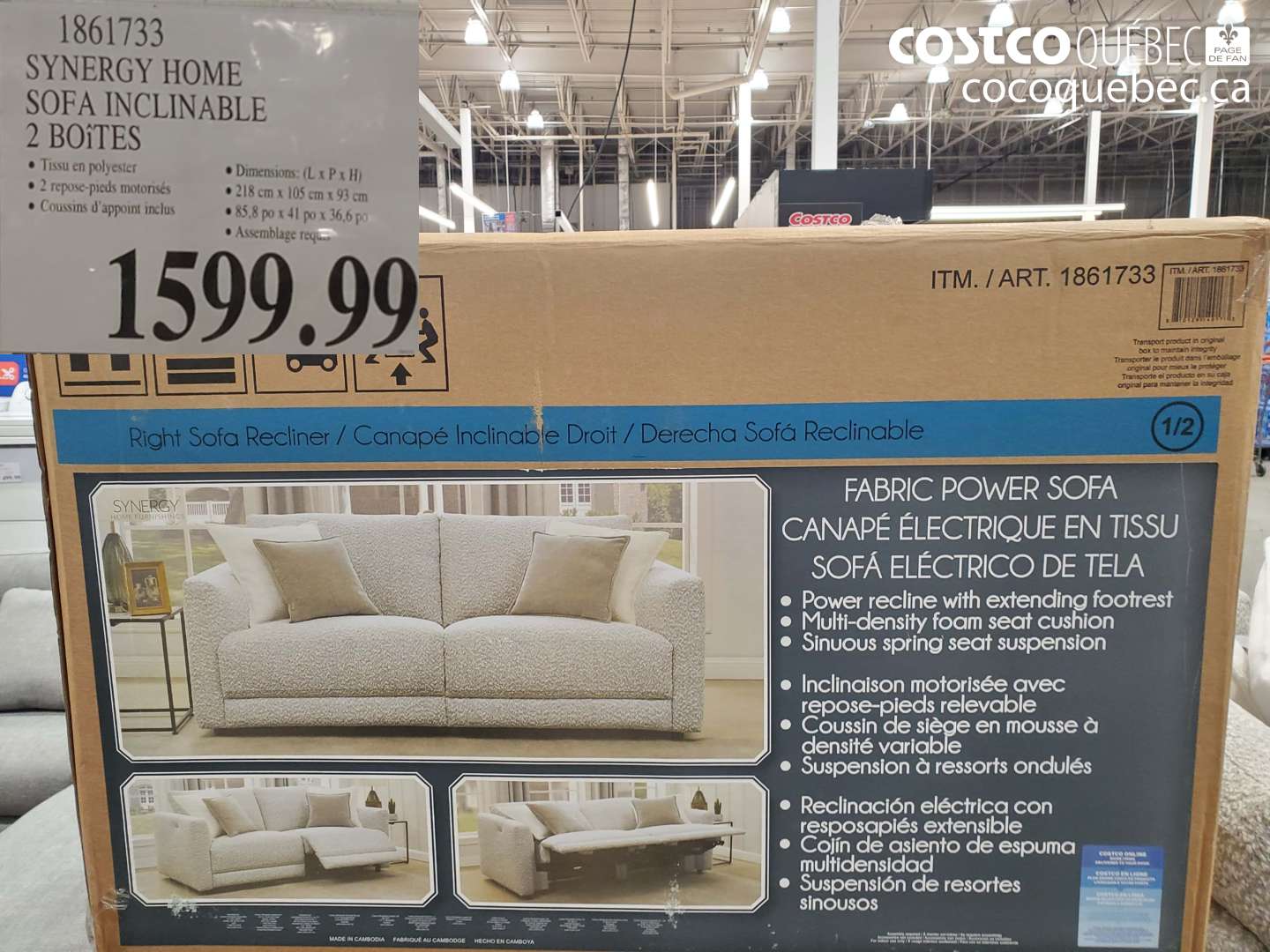 1861733 SYNERGY HOME SOFA INCLINABLE 2 BOITES  $1599.99