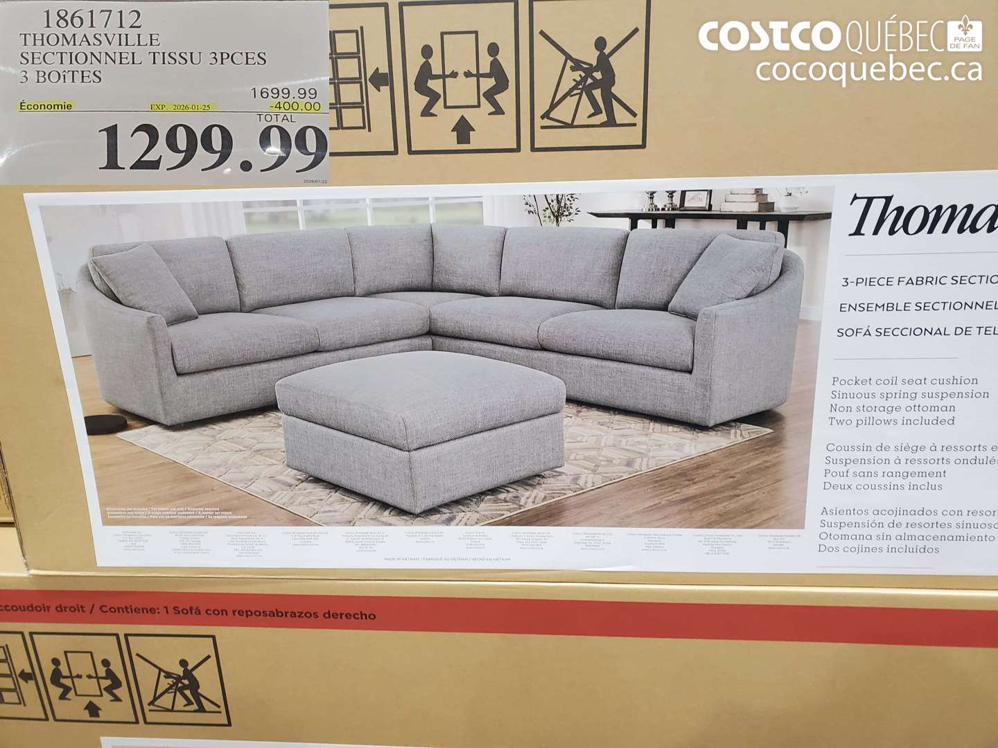 1861712 THOMASVILLE SECTIONNEL TISSU 3PIECES 3 BOITES ($400.00 INSTANT SAVINGS EXPIRES ON 2026-01-25) $1299.99