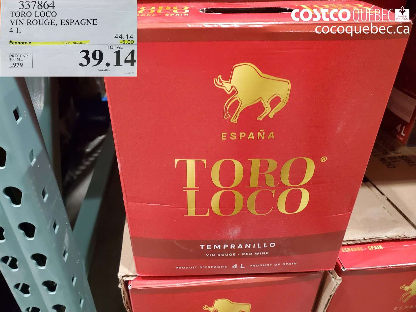 337864 TORO LOCO VIN ROUGE, ESPAGNE 4 L ($5.00 INSTANT SAVINGS EXPIRES ON 2026-02-01) $39.14