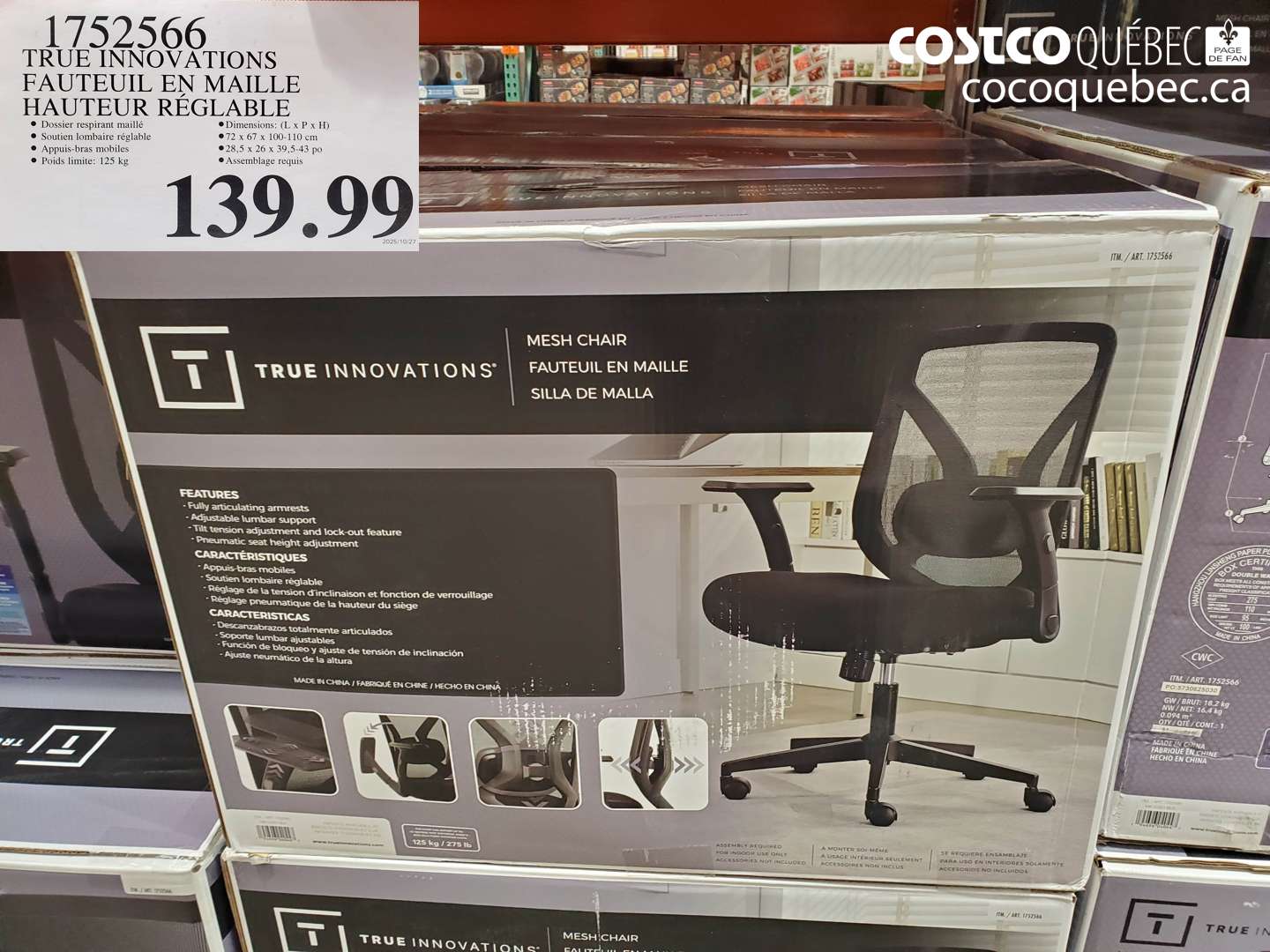 1752566 TRUE INNOVATIONS FAUTEUIL EN MAILLE HAUTEUR RÉGLABLE $139.99