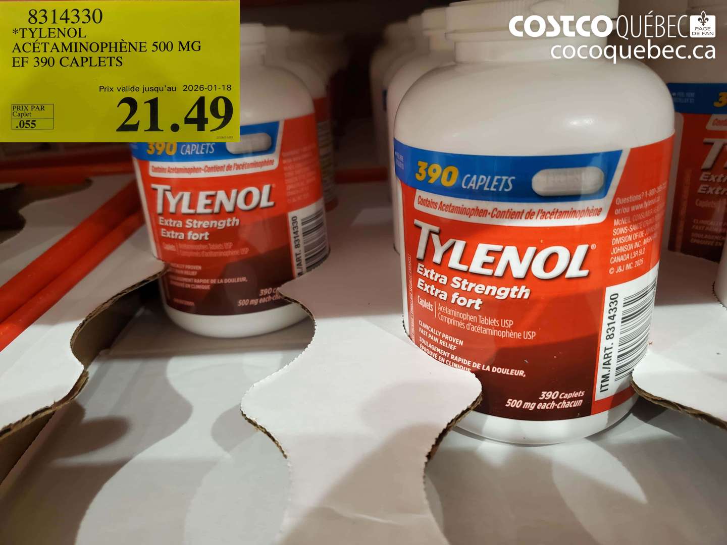 8314330 TYLENOL ACETAMINOPHENE 500MG EF 390 CAPLETS (EXPIRES ON 2026-01-18) $21.49