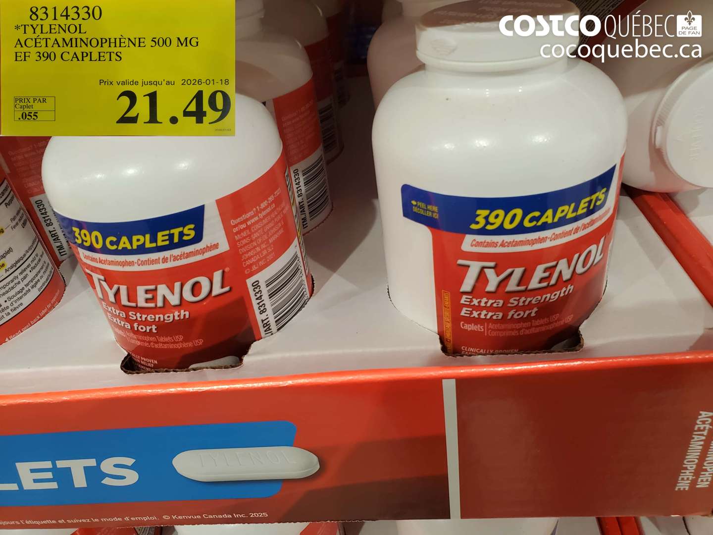 8314330 TYLENOL ACETAMINOPHENE 500MG EF 390 CAPLETS (EXPIRES ON 2026-01-18) $21.49