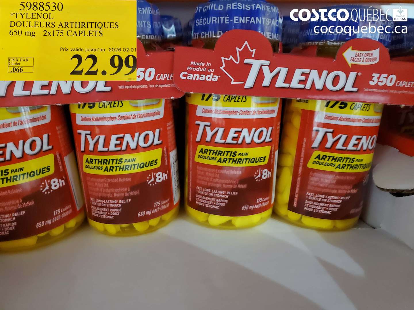 5988530 *TYLENOL DOULEURS ARTHRITIQUES 650 mg 2x175 CAPLETS (EXPIRES ON 2026-02-01) $22.99
