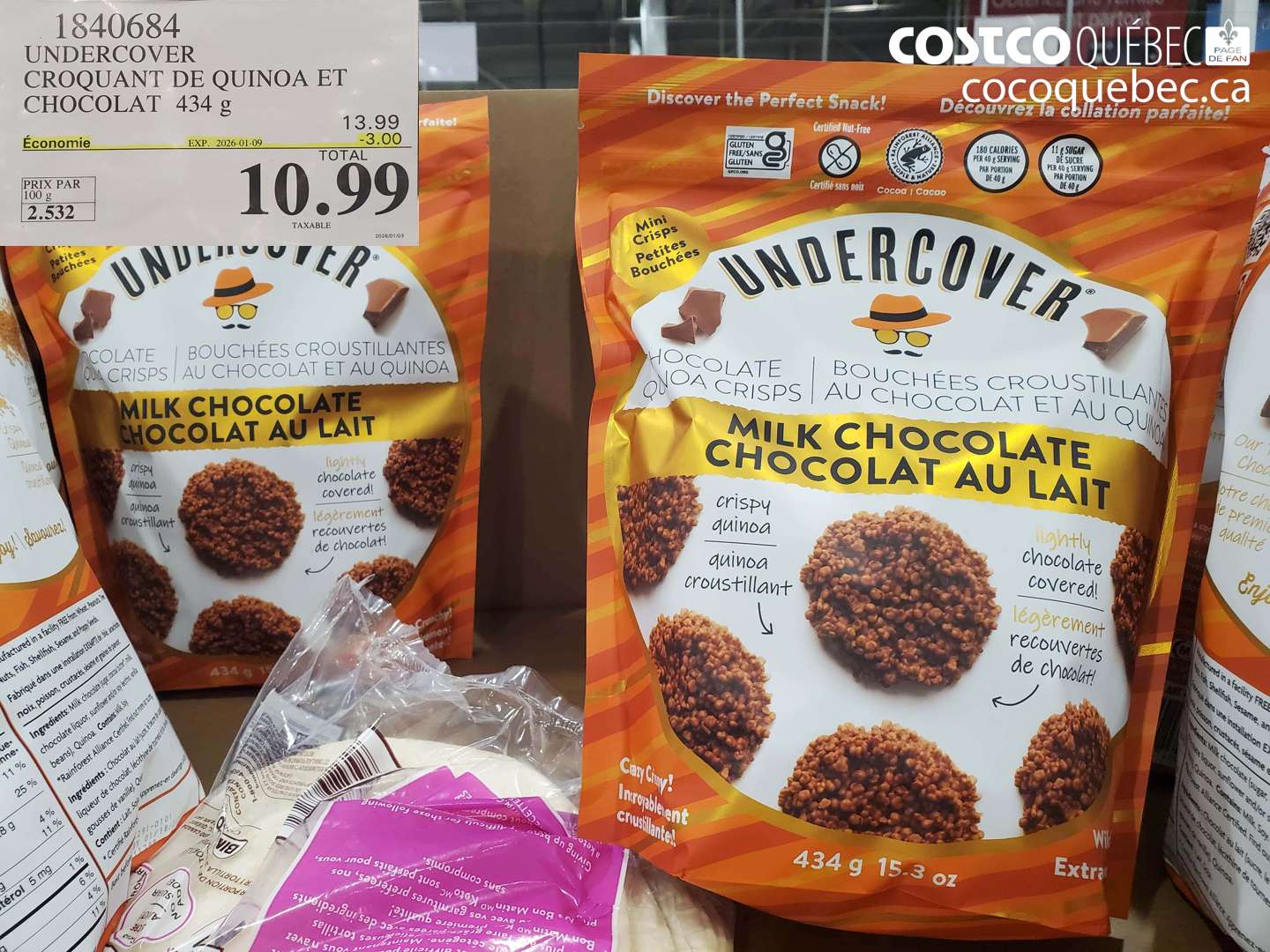 1840684 UNDERCOVER CROQUANT DE QUINOA ET CHOCOLAT 434 g ($3.00 INSTANT SAVINGS EXPIRES ON 2026-01-09) $10.99