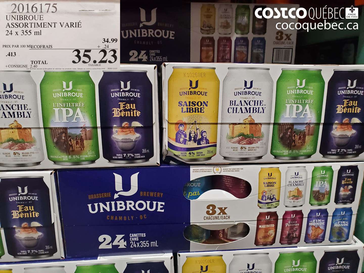 2016175 UNIBROUE ASSORTIMENT VARIE 24 x 355 ml $35.23