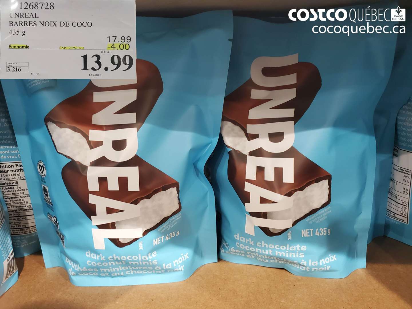 1268728 UNREAL BARRES NOIX DE COCO 435 g ($4.00 INSTANT SAVINGS EXPIRES ON 2026-01-11) $13.99