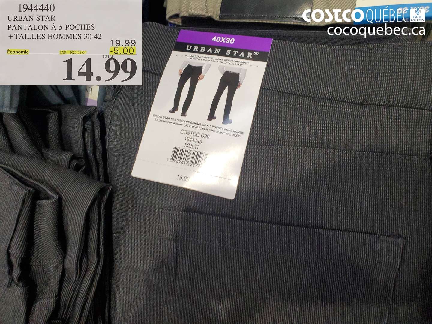 1944440 URBAN STAR PANTALON À 5 POCHES +TAILLES HOMMES 30-42 ($5.00 INSTANT SAVINGS EXPIRES ON 2026-01-04) $14.99