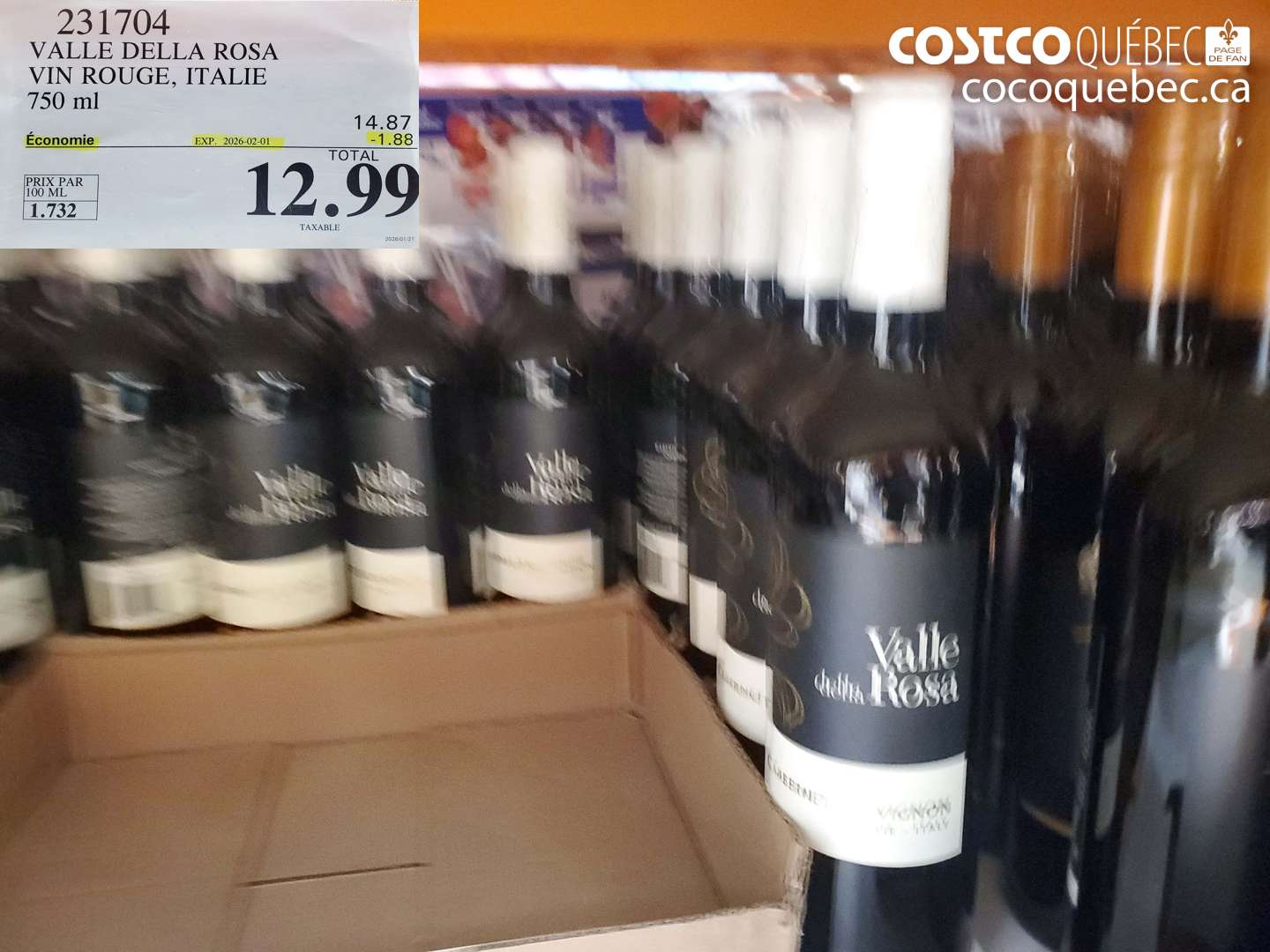 231704 VALLE DELLA ROSA VIN ROUGE, ITALIE 750 ml ($1.88 INSTANT SAVINGS EXPIRES ON 2026-02-01) $12.99