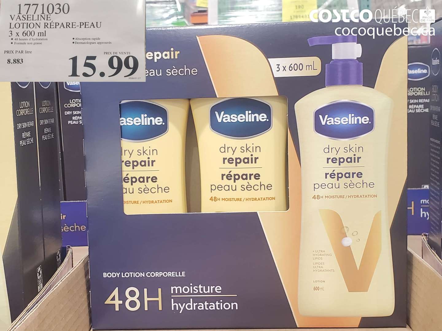 1771030 VASELINE LOTION RÉPARE-PEAU 3 x 600 ml $15.99