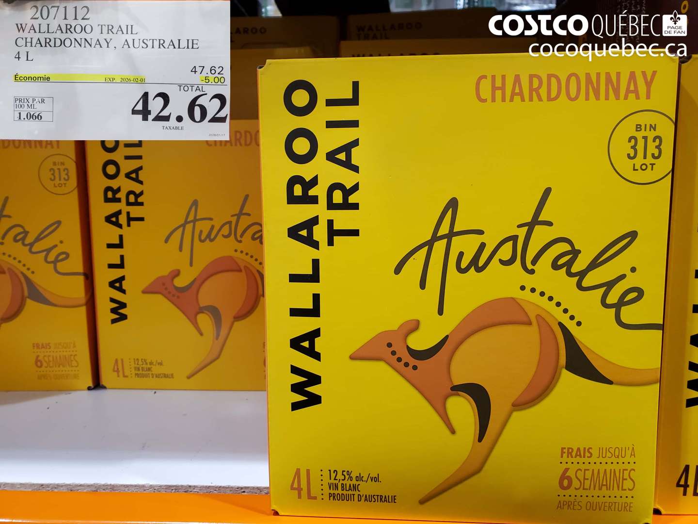 207112 WALLAROO TRAIL CHARDONNAY, AUSTRALIE 4 L ($5.00 INSTANT SAVINGS EXPIRES ON 2026-02-01) $42.62