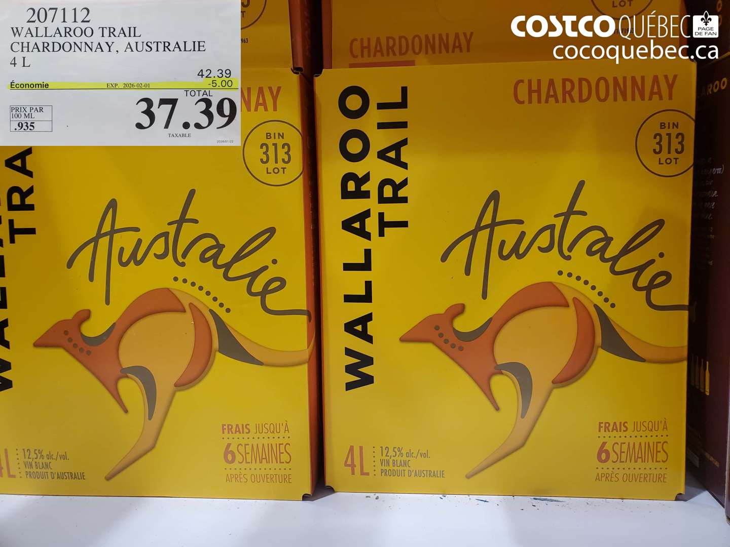 207112 WALLAROO TRAIL CHARDONNAY, AUSTRALIE 4 L ($5.00 INSTANT SAVINGS EXPIRES ON 2026-02-01) $37.39