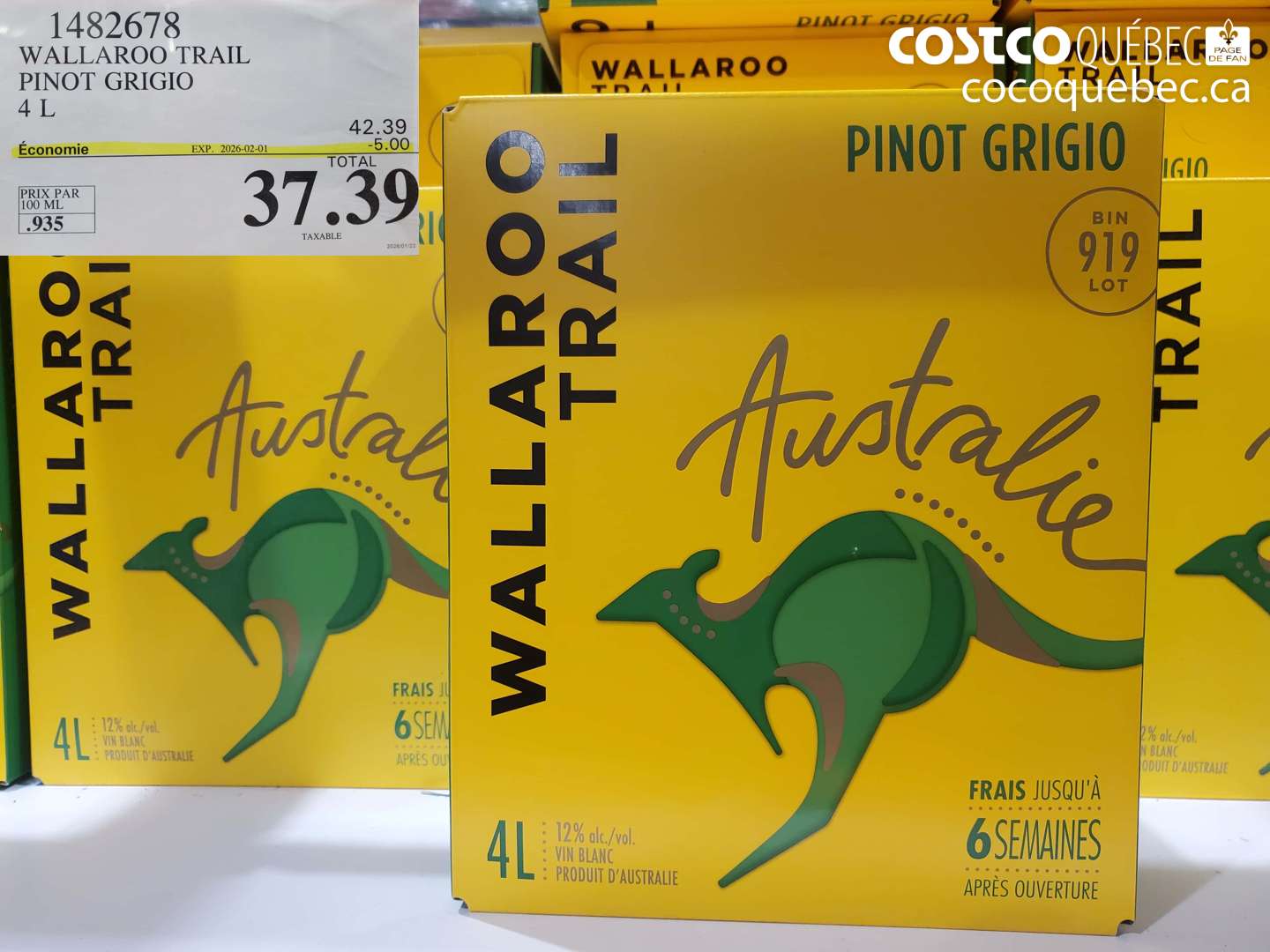 1482678 WALLAROO TRAIL PINOT GRIGIO 4 L ($5.00 INSTANT SAVINGS EXPIRES ON 2025-02-01) $37.39