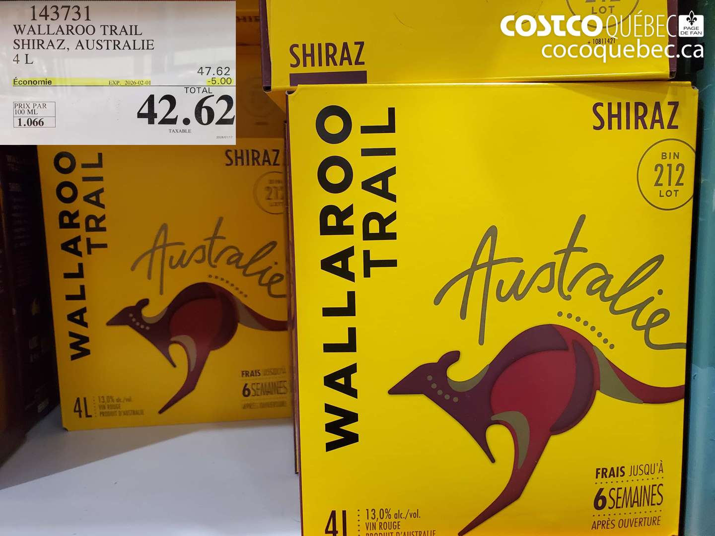 143731 WALLAROO TRAIL SHIRAZ, AUSTRALIE 4 L ($5.00 INSTANT SAVINGS EXPIRES ON 2026-02-01) $42.62