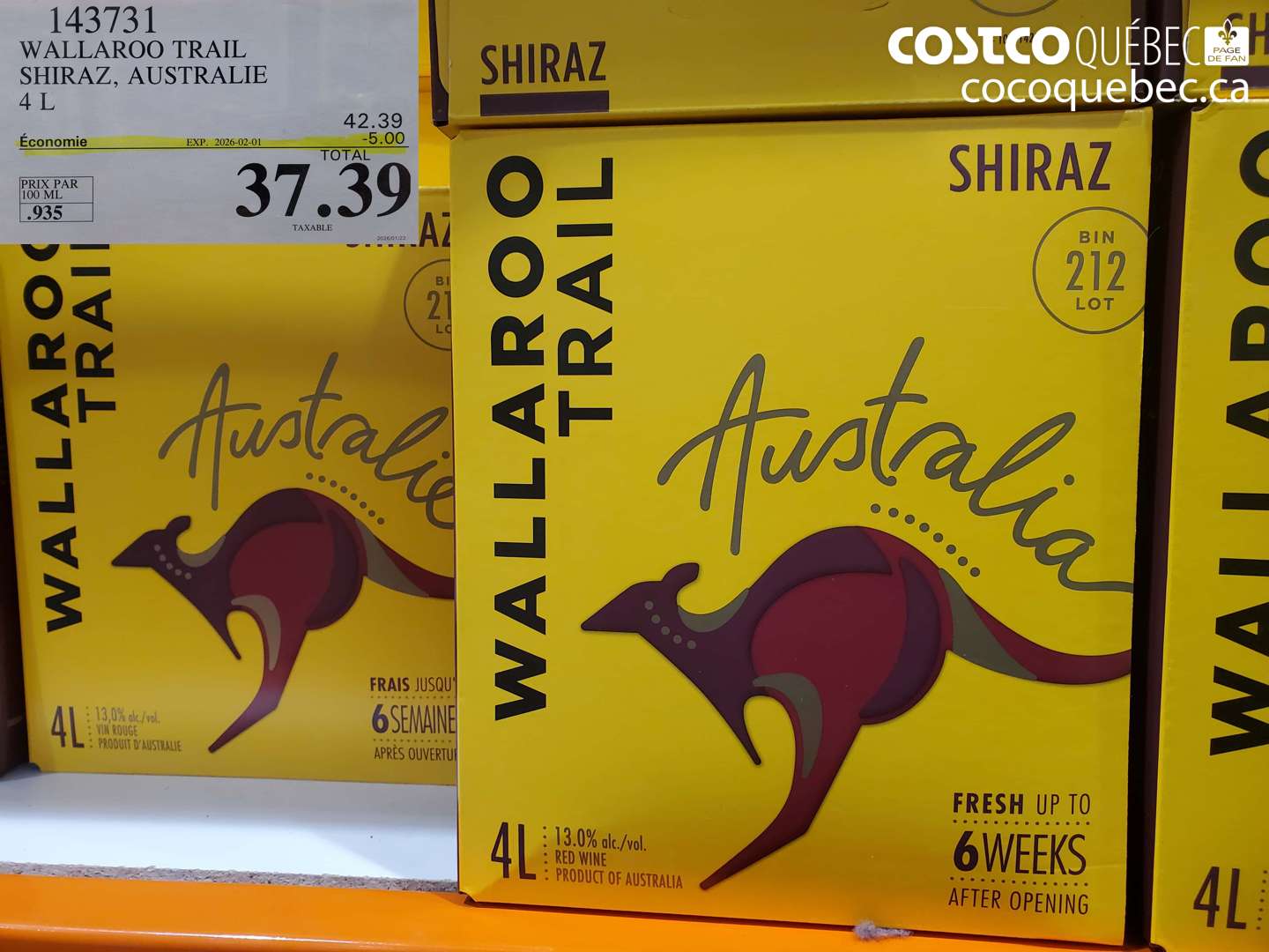 143731 WALLAROO TRAIL SHIRAZ, AUSTRALIE 4 L ($5.00 INSTANT SAVINGS EXPIRES ON 2026-02-01) $37.39